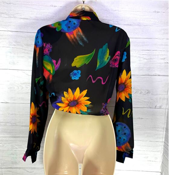 VTG Hot stuff Y2K small black floral tie crop women blouse Fairycore whimsygoth - Picture 2 of 8